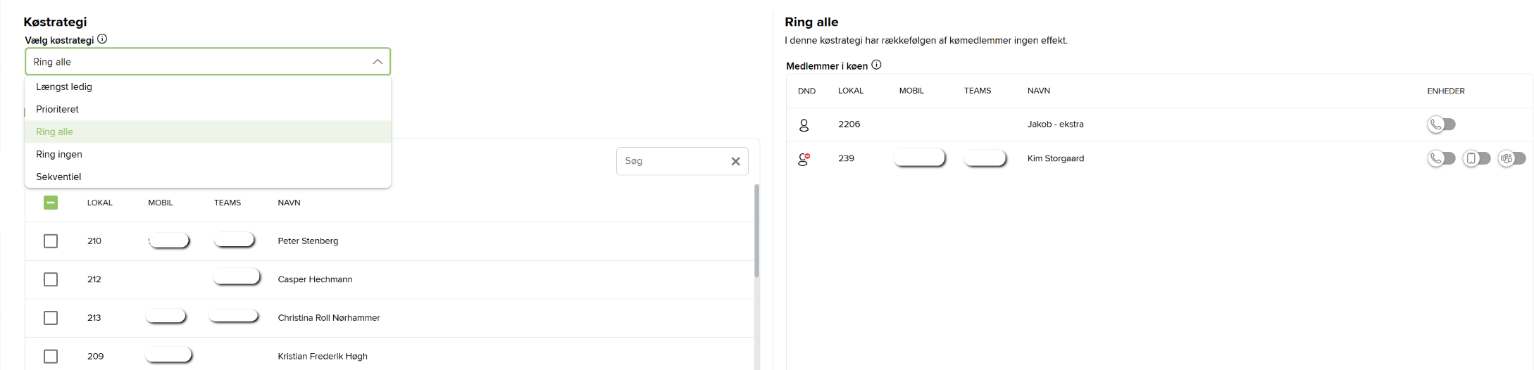 Systemet understøtter automatisk viderestilling af opkald til hovednummeret til en ledig medarbejder