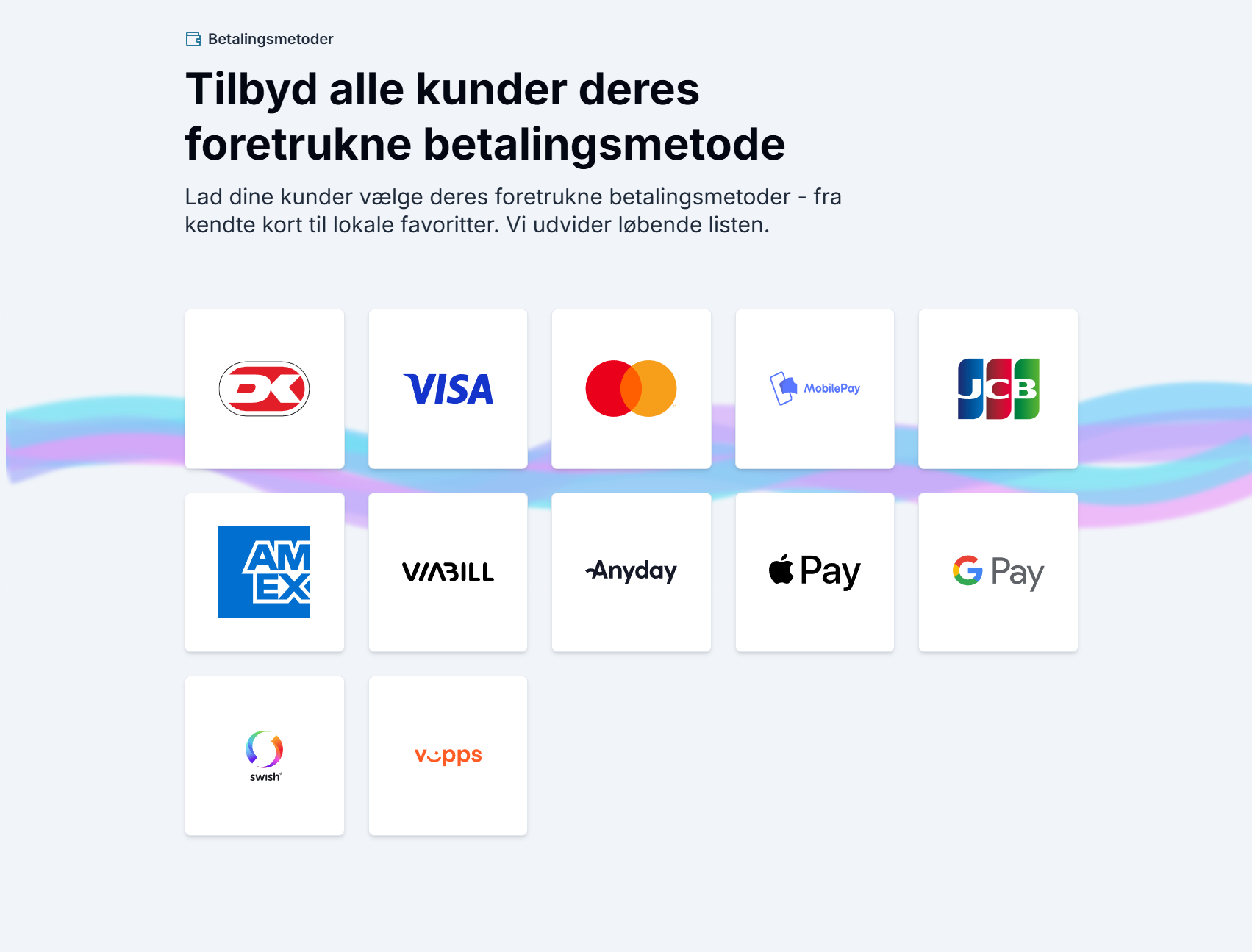 Systemet understøtter følgende betalingskort:
