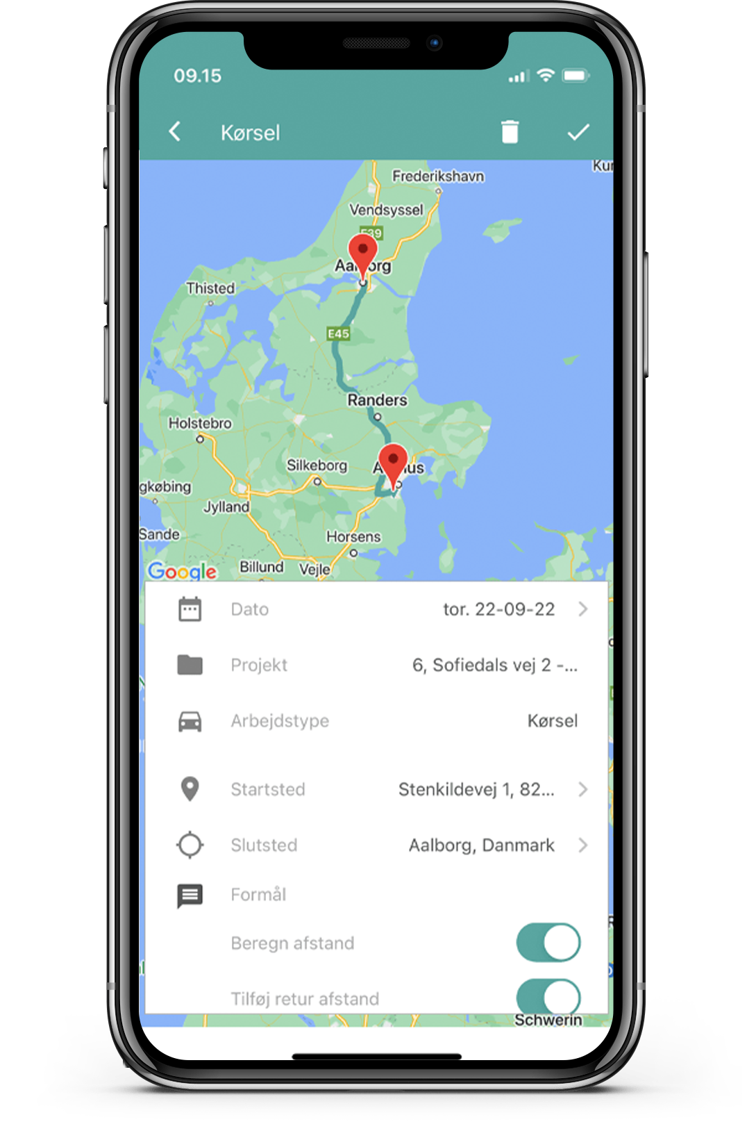 Systemet understøtter GPS-tracking for tidsregistrering i marken.