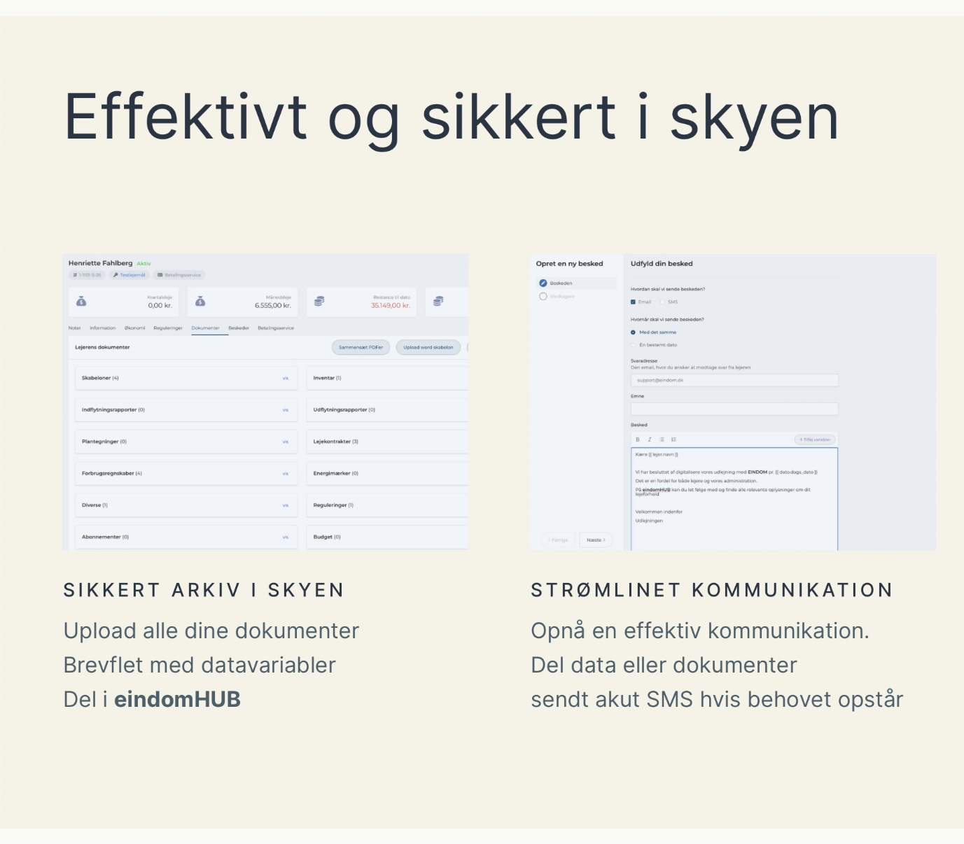 Systemet kan sende lejekontrakter til lejers e-mail eller e-Boks