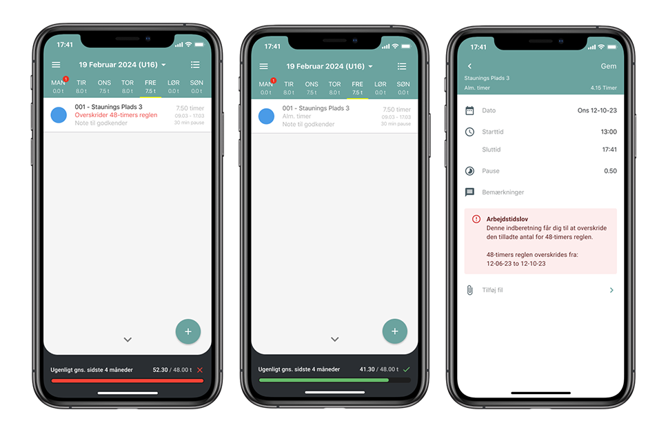 Systemet kan rapportere om overholdelse af 11- og 48-timersregelerne for arbejdstid.