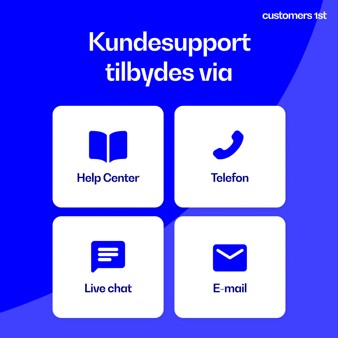 Kundesupport tilbydes via:
