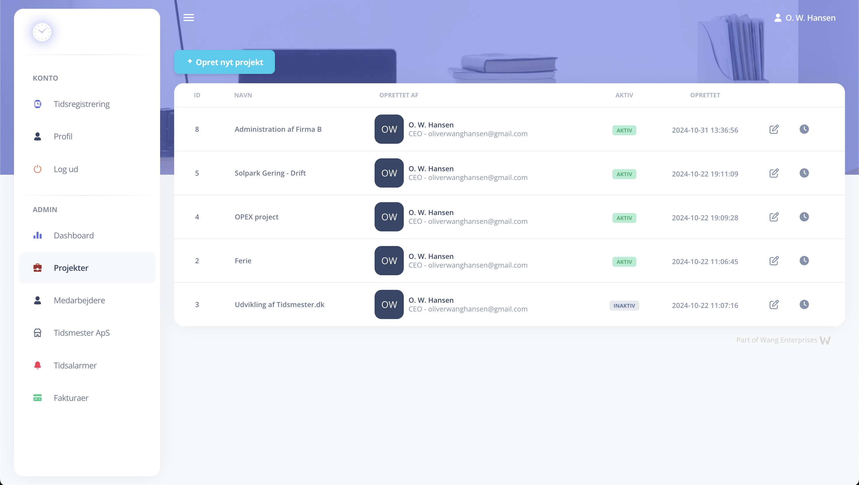 Systemet giver mulighed for oprettelse og styring af projekter og opgaver.