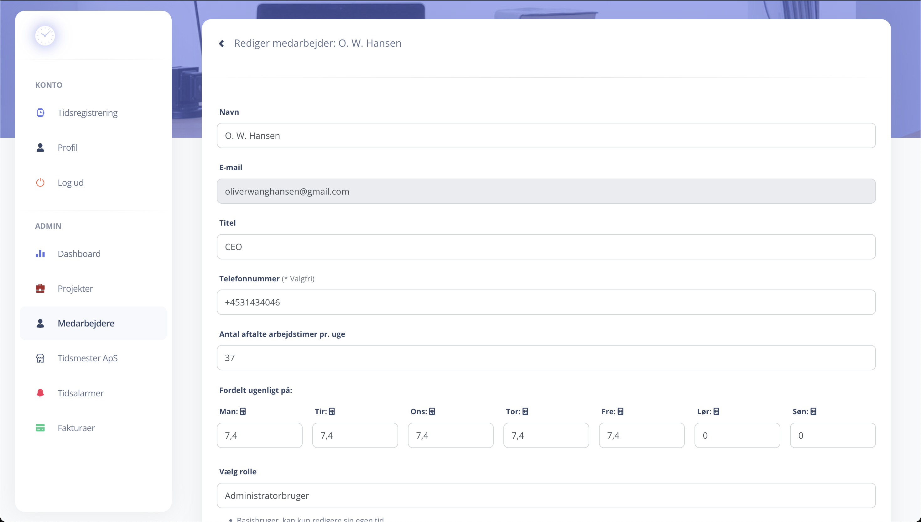 Systemet understøtter opsætning af faste arbejdstider.