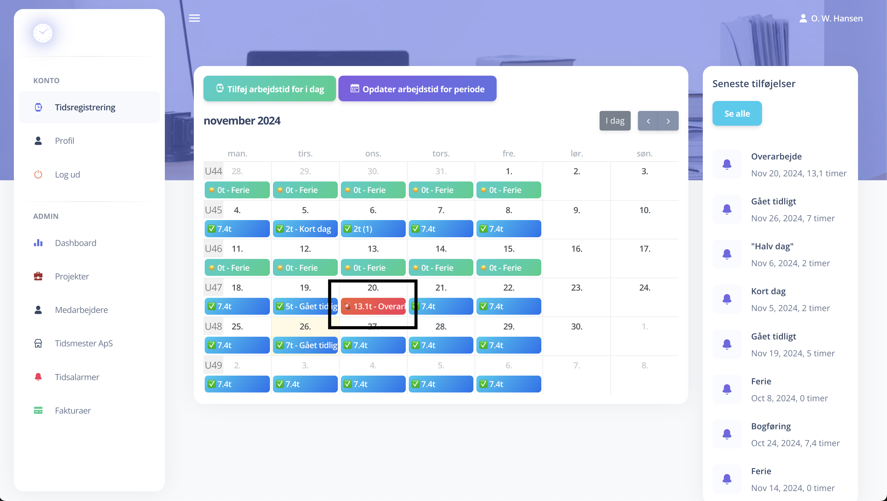 Systemet kan automatisk beregne overtid baseret på arbejdstidsregler.