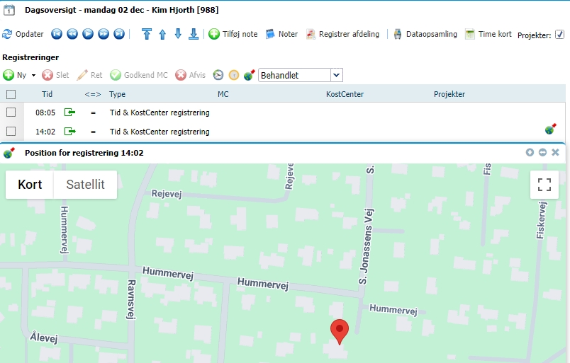 Systemet understøtter GPS-tracking for tidsregistrering i marken.