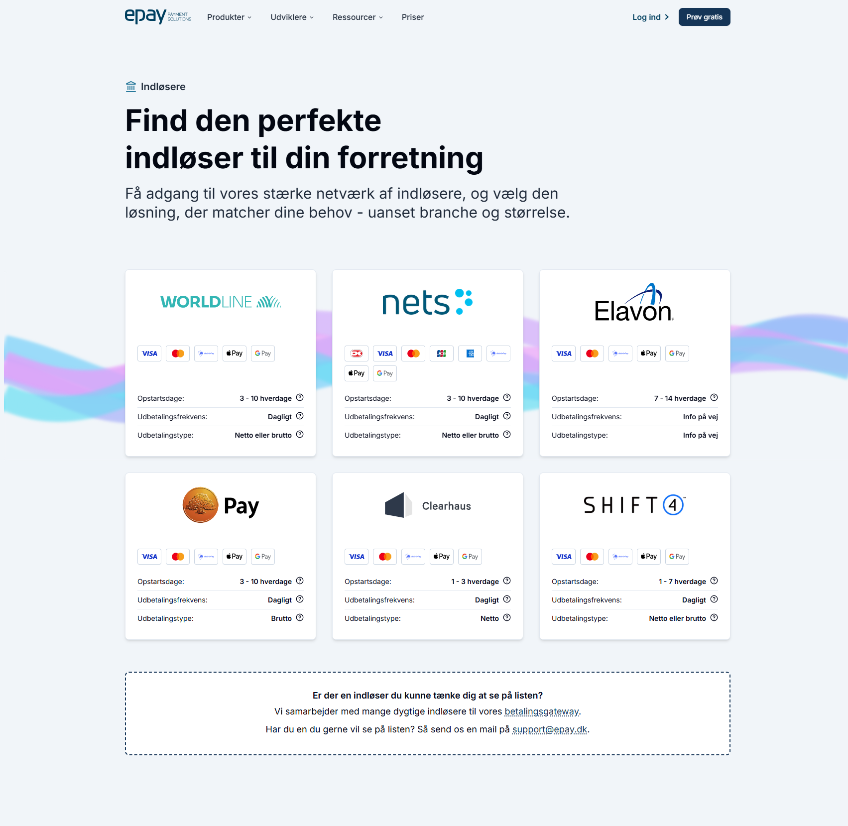Systemet integrerer til følgende indløsere: