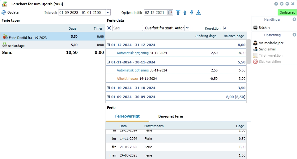 Systemet kan beregne, hvor meget ferie medarbejderen har tilbage.